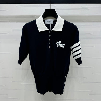 THOM SHORT-SLEEVE KNIT SWEATER WITH EMBROIDERED DOG MOTIF 274850