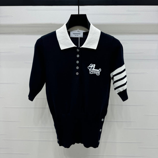 THOM SHORT-SLEEVE KNIT SWEATER WITH EMBROIDERED DOG MOTIF 274850