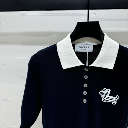THOM SHORT-SLEEVE KNIT SWEATER WITH EMBROIDERED DOG MOTIF 274850