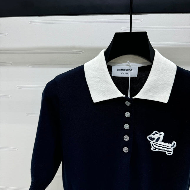 THOM SHORT-SLEEVE KNIT SWEATER WITH EMBROIDERED DOG MOTIF 274850