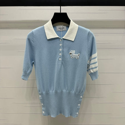 THOM SHORT-SLEEVE KNIT SWEATER WITH EMBROIDERED DOG MOTIF 274849