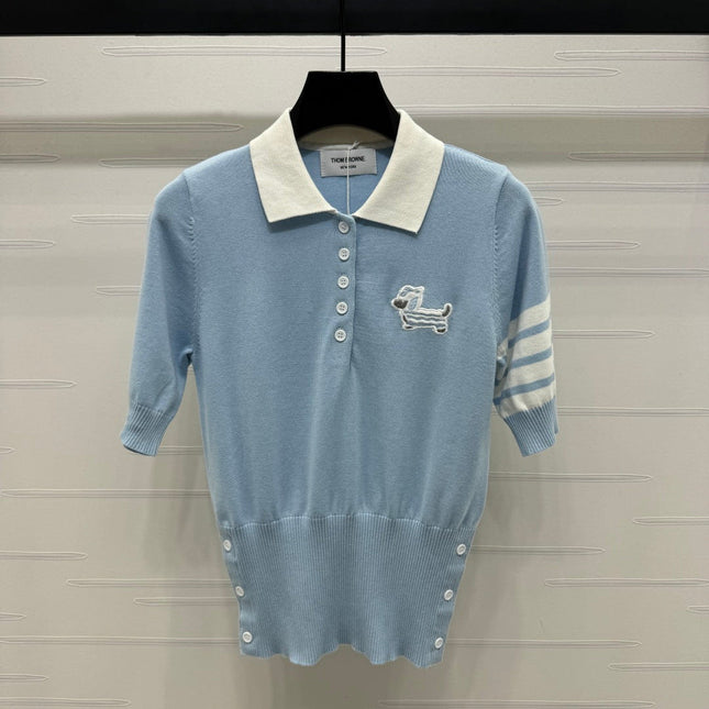 THOM SHORT-SLEEVE KNIT SWEATER WITH EMBROIDERED DOG MOTIF 274849