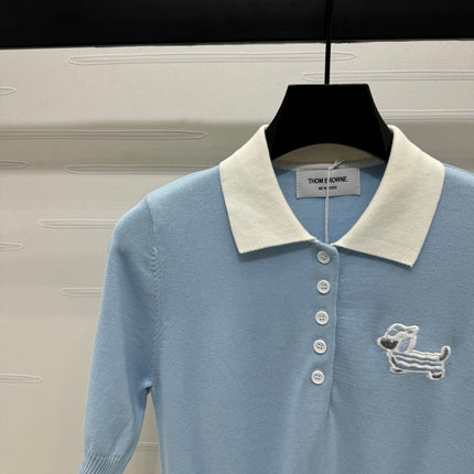 THOM SHORT-SLEEVE KNIT SWEATER WITH EMBROIDERED DOG MOTIF 274849