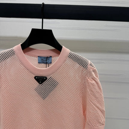 PRAD 25S HOLLOW KNIT SHORT SLEEVE TOP 264136