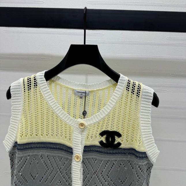 CHANEL EMBROIDERED LOGO OPEN-KNIT VEST 274869