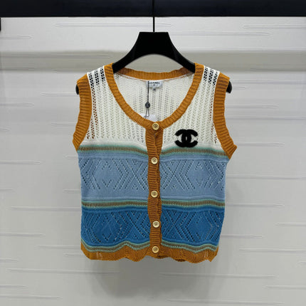 CHANEL EMBROIDERED LOGO OPEN-KNIT VEST 274868
