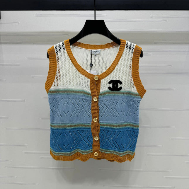 CHANEL EMBROIDERED LOGO OPEN-KNIT VEST 274868