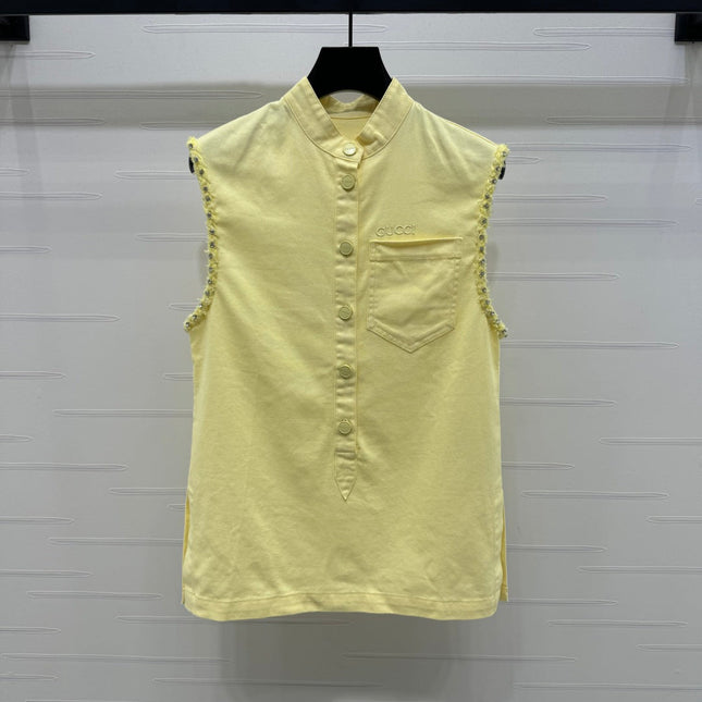 GUCCI SLEEVELESS DENIM TOP WITH STAND COLLAR