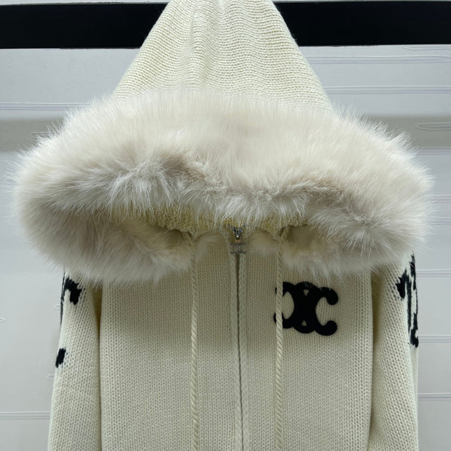 CELINE 25S HOODED CARDIGAN WITH FUR TRIM 0089