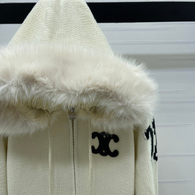 CELINE 25S HOODED CARDIGAN WITH FUR TRIM 0089