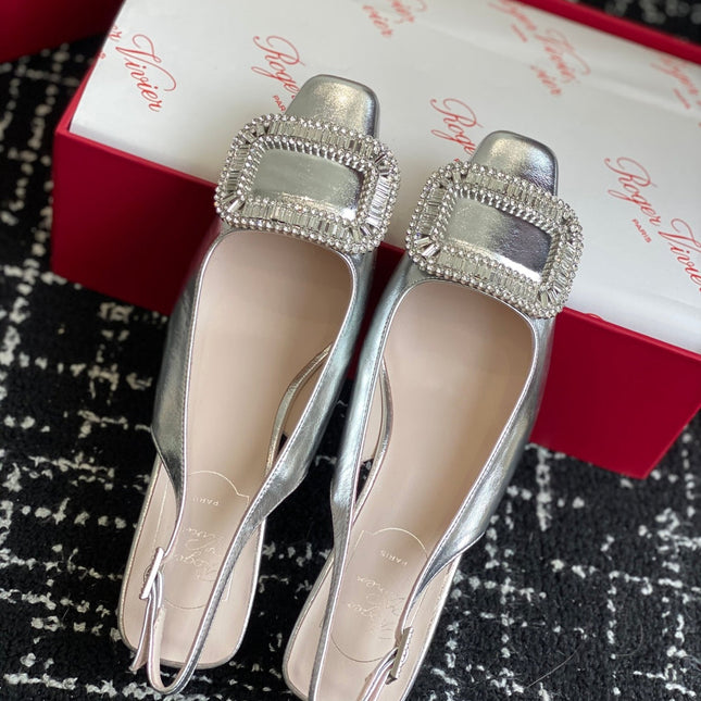 ROGER VIVIER 25S VIVIER SLINGBACK 45MM IN SILVER CALFSKIN EMBELLISHED CRYSTALS