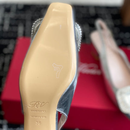 ROGER VIVIER 25S VIVIER SLINGBACK 45MM IN SILVER CALFSKIN EMBELLISHED CRYSTALS