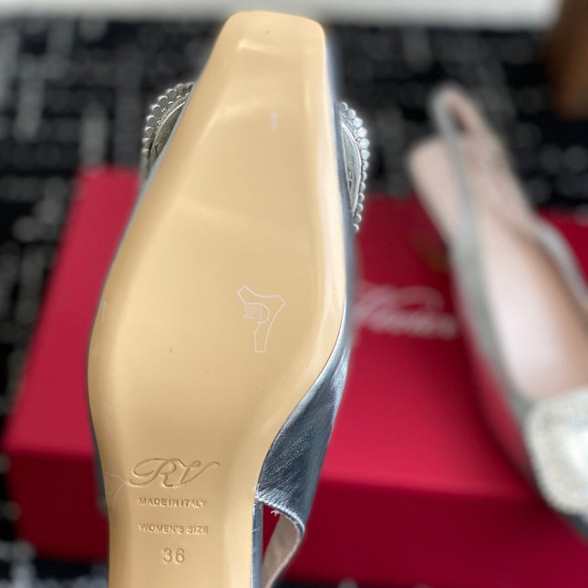 ROGER VIVIER 25S VIVIER SLINGBACK 45MM IN SILVER CALFSKIN EMBELLISHED CRYSTALS