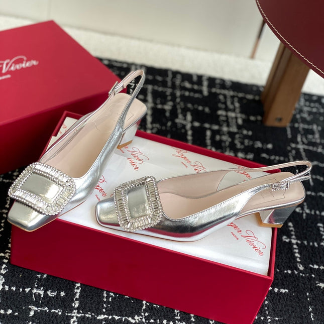 ROGER VIVIER 25S VIVIER SLINGBACK 45MM IN SILVER CALFSKIN EMBELLISHED CRYSTALS