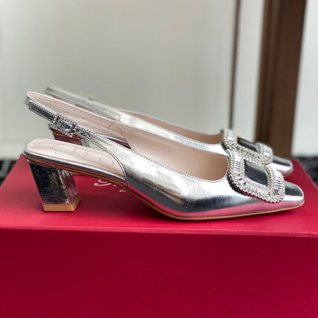 ROGER VIVIER 25S VIVIER SLINGBACK 45MM IN SILVER CALFSKIN EMBELLISHED CRYSTALS