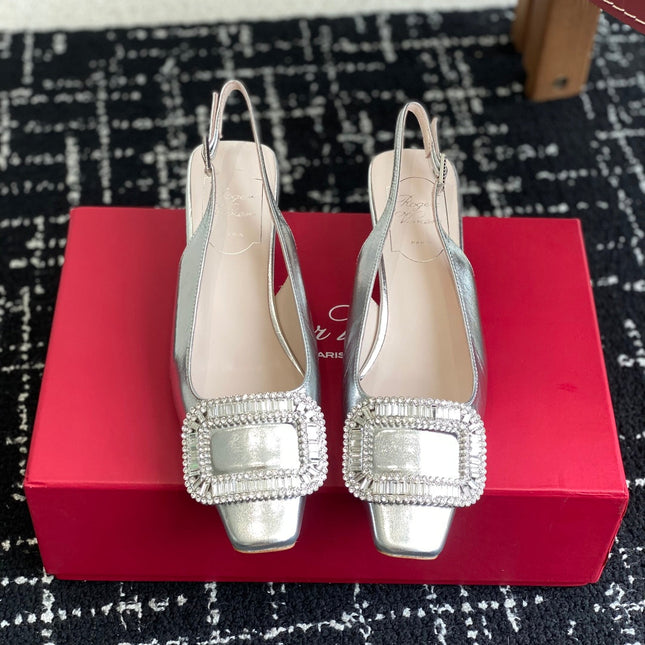 ROGER VIVIER 25S VIVIER SLINGBACK 45MM IN SILVER CALFSKIN EMBELLISHED CRYSTALS