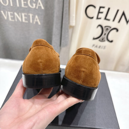 YSL 25S LOAFERS IN COPPER BROWN SUEDE WITH GOLD HARDWARE