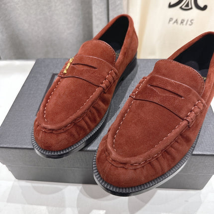 YSL 25S LOAFERS IN RED MAHOGANY SUEDE WITH GOLD HARDWARE