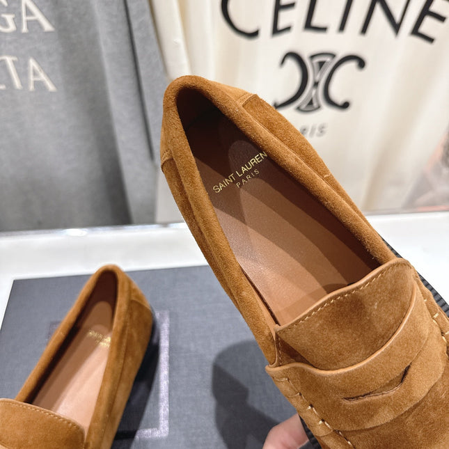 YSL 25S LOAFERS IN COPPER BROWN SUEDE WITH GOLD HARDWARE