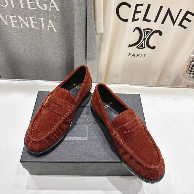 YSL 25S LOAFERS IN RED MAHOGANY SUEDE WITH GOLD HARDWARE