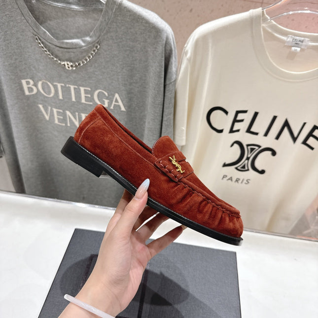 YSL 25S LOAFERS IN RED MAHOGANY SUEDE WITH GOLD HARDWARE