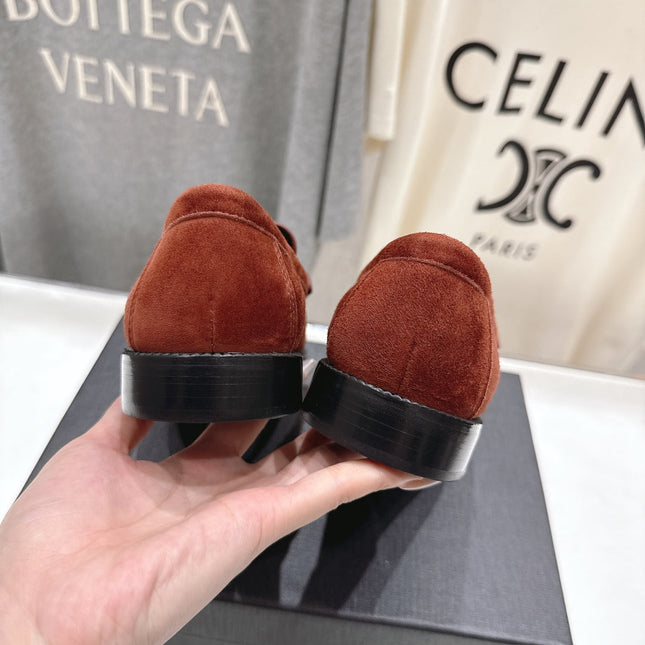 YSL 25S LOAFERS IN RED MAHOGANY SUEDE WITH GOLD HARDWARE