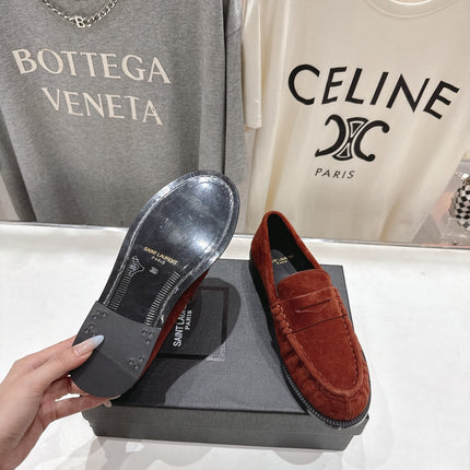 YSL 25S LOAFERS IN RED MAHOGANY SUEDE WITH GOLD HARDWARE