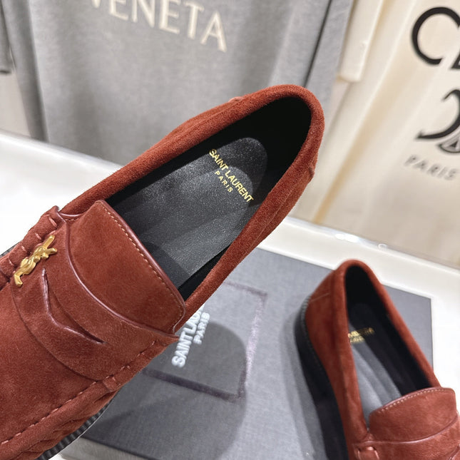 YSL 25S LOAFERS IN RED MAHOGANY SUEDE WITH GOLD HARDWARE