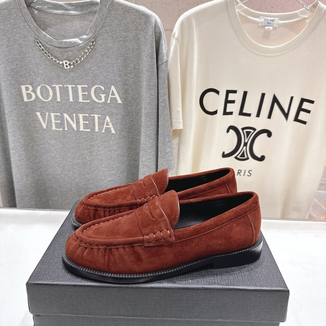 YSL 25S LOAFERS IN RED MAHOGANY SUEDE WITH GOLD HARDWARE