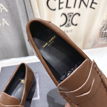 YSL 25S LOAFERS IN COFFEE BROWN LAMBSKIN WITH GOLD HARDWARE