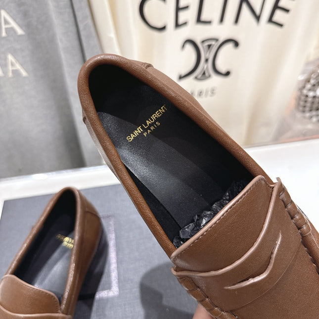 YSL 25S LOAFERS IN COFFEE BROWN LAMBSKIN WITH GOLD HARDWARE