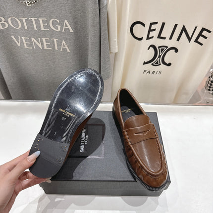 YSL 25S LOAFERS IN COFFEE BROWN LAMBSKIN WITH GOLD HARDWARE