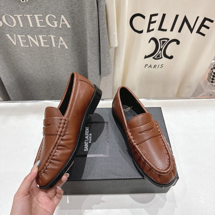 YSL 25S LOAFERS IN CHESTNUT BROWN LAMBSKIN WITH GOLD HARDWARE