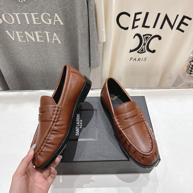 YSL 25S LOAFERS IN CHESTNUT BROWN LAMBSKIN WITH GOLD HARDWARE