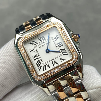 CARTIER PANTHÈRE MEDIUM WATCH GOLD PINK AND SILVER CASE WITH CRYSTALS
