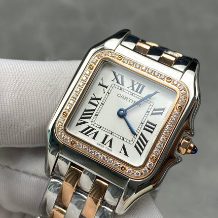 CARTIER PANTHÈRE MEDIUM WATCH GOLD PINK AND SILVER CASE WITH CRYSTALS