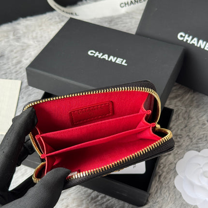 CC ZIPPED CARD HOLDER 11 IN BLACK LAMBSKIN GOLD-TONE METALLIC