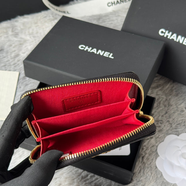 CC ZIPPED CARD HOLDER 11 IN BLACK LAMBSKIN GOLD-TONE METALLIC