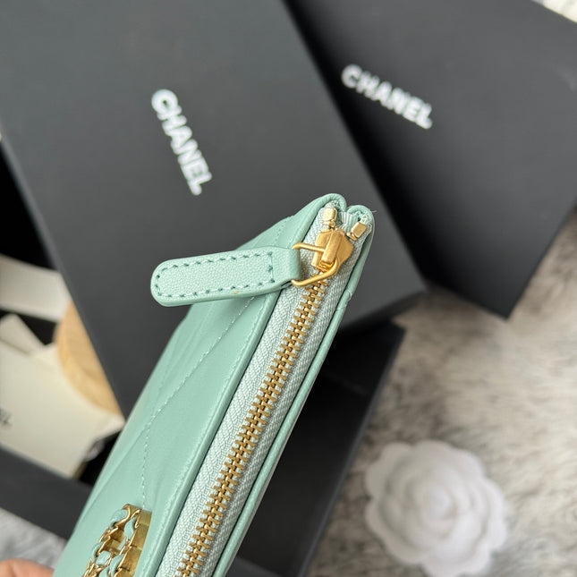 CLASSIC ZIPPER POUCH 20 IN BABY GREEN SMOOTH LAMBSKIN GOLD-TONE HARDWARE