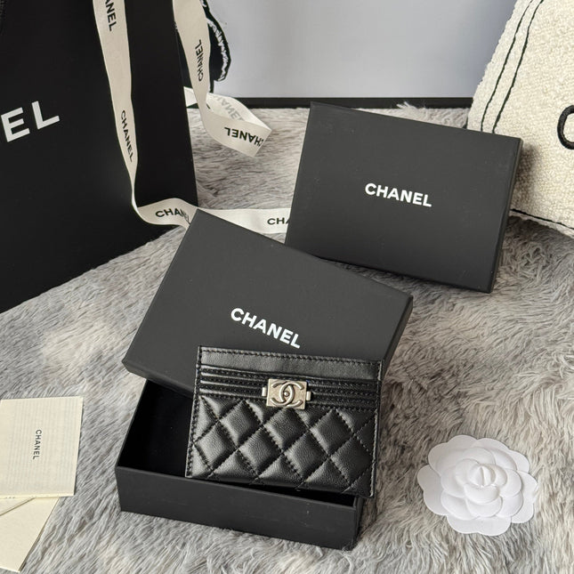 LEBOY CARD HOLDER 11 IN BLACK GRAINED CALFSKIN SILVER-TONE HARDWARE