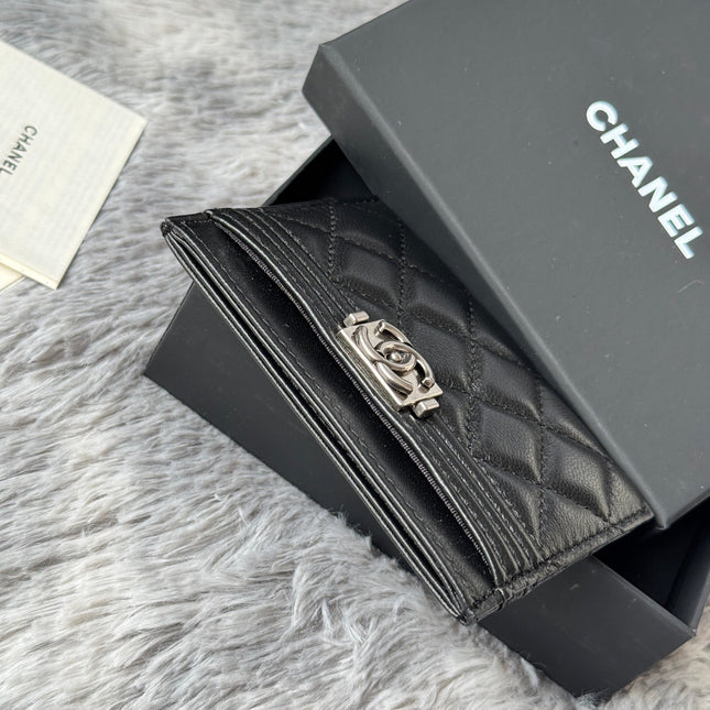 LEBOY CARD HOLDER 11 IN BLACK GRAINED CALFSKIN SILVER-TONE HARDWARE