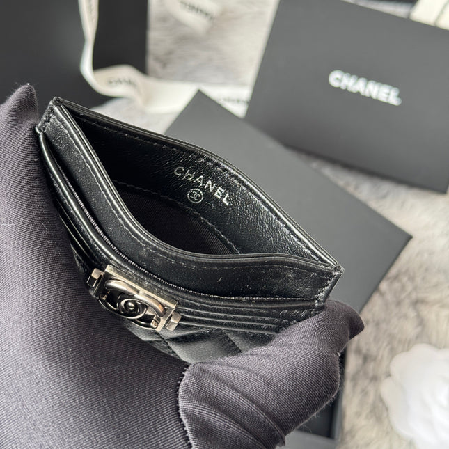 LEBOY CARD HOLDER 11 IN BLACK GRAINED CALFSKIN SILVER-TONE HARDWARE