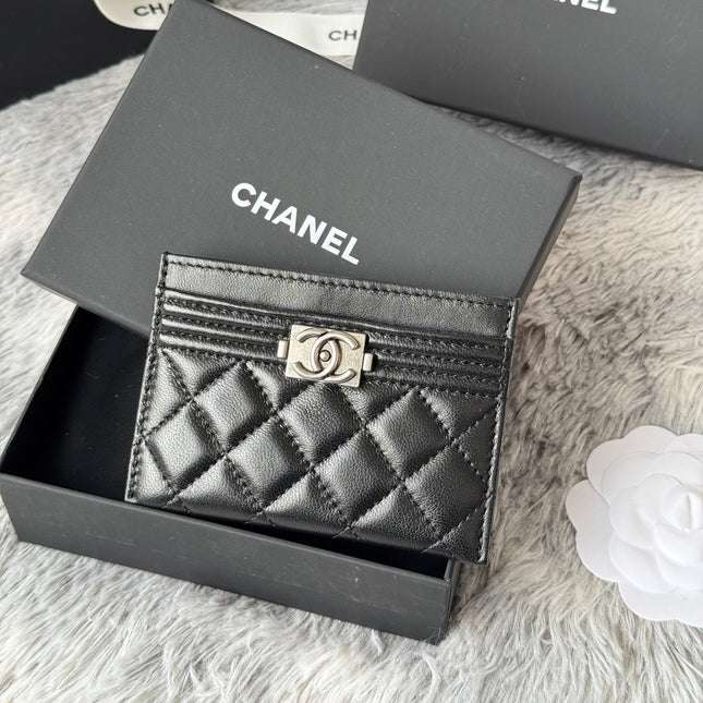 LEBOY CARD HOLDER 11 IN BLACK GRAINED CALFSKIN SILVER-TONE HARDWARE