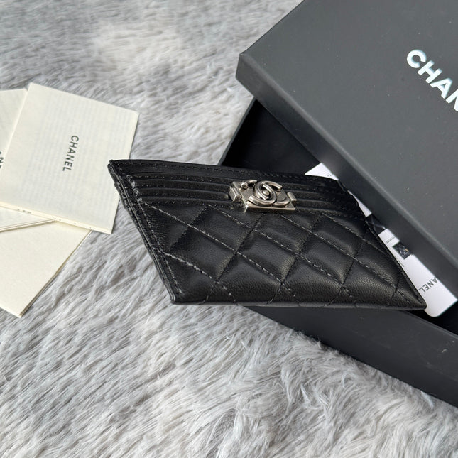 LEBOY CARD HOLDER 11 IN BLACK GRAINED CALFSKIN SILVER-TONE HARDWARE