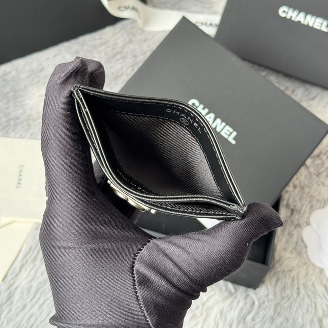 LEBOY CARD HOLDER 11 IN BLACK GRAINED CALFSKIN SILVER-TONE HARDWARE