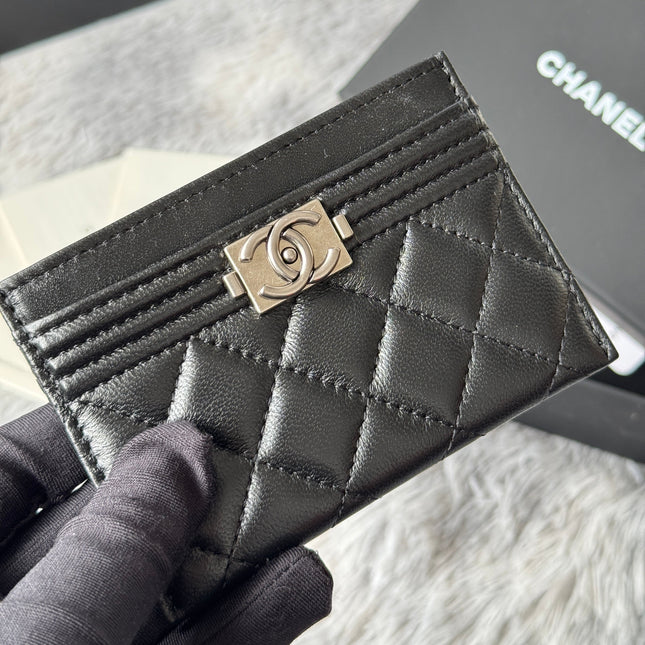 LEBOY CARD HOLDER 11 IN BLACK GRAINED CALFSKIN SILVER-TONE HARDWARE