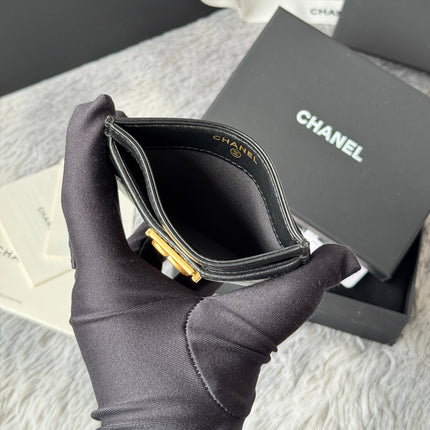 LEBOY CARD HOLDER 11 IN BLACK GRAINED CALFSKIN GOLD-TONE HARDWARE