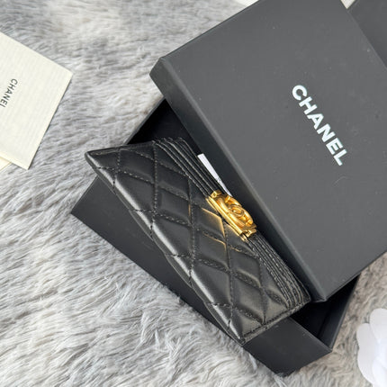 LEBOY CARD HOLDER 11 IN BLACK GRAINED CALFSKIN GOLD-TONE HARDWARE