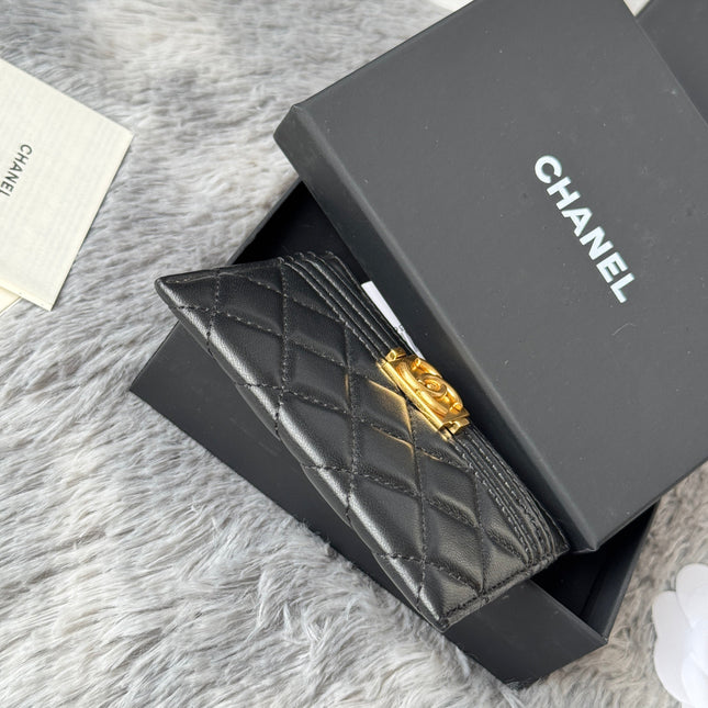 LEBOY CARD HOLDER 11 IN BLACK GRAINED CALFSKIN GOLD-TONE HARDWARE