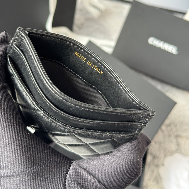 LEBOY CARD HOLDER 11 IN BLACK GRAINED CALFSKIN GOLD-TONE HARDWARE